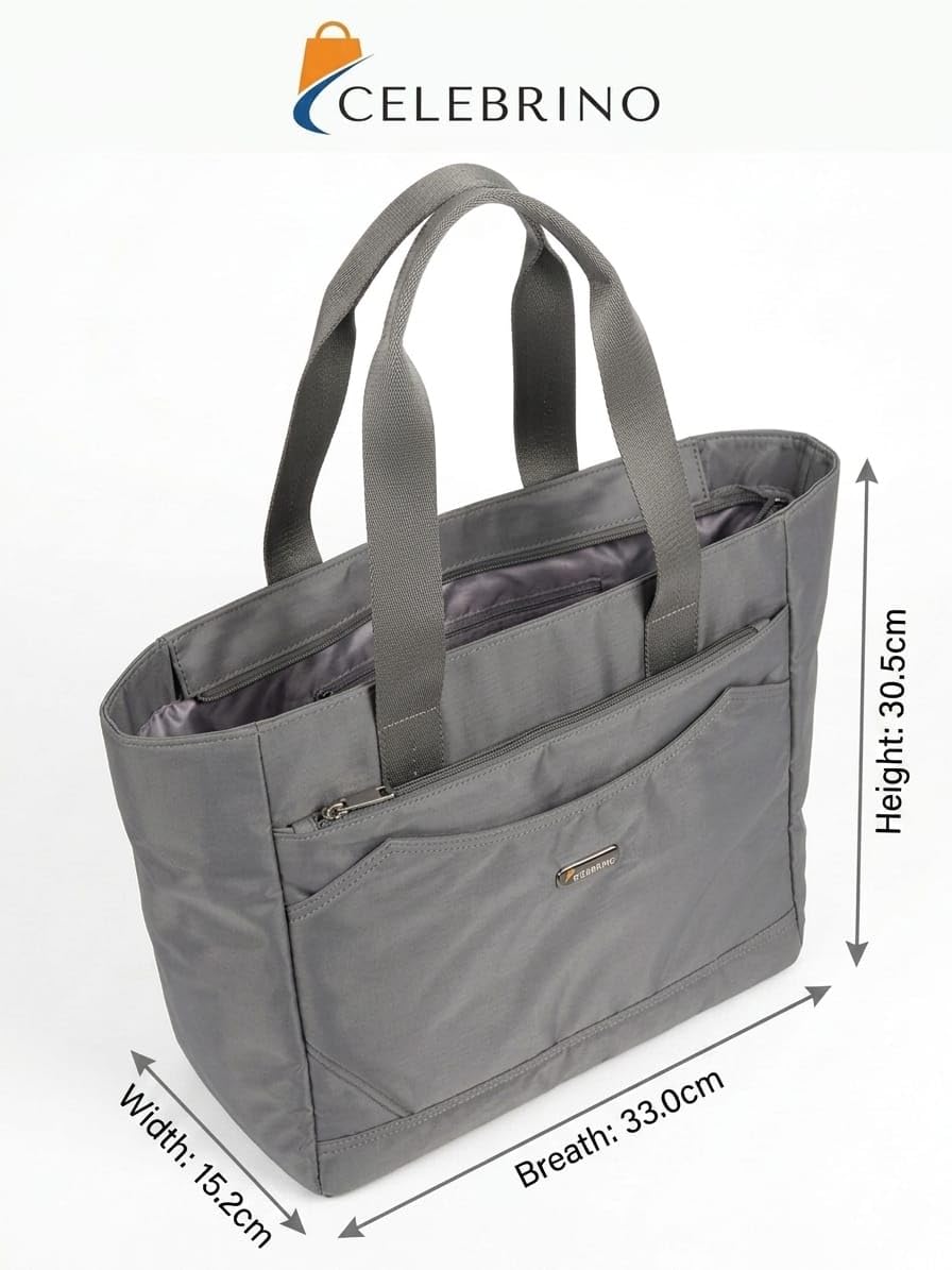 CELEBRINO Spacious Tote Handbag for Women | Nylon Hand Bags with Multiple Zip Compartments | Waterproof Large Shoulder Bag for Office, College, Travel & Shopping | Multi Pocket Zipper Handbags