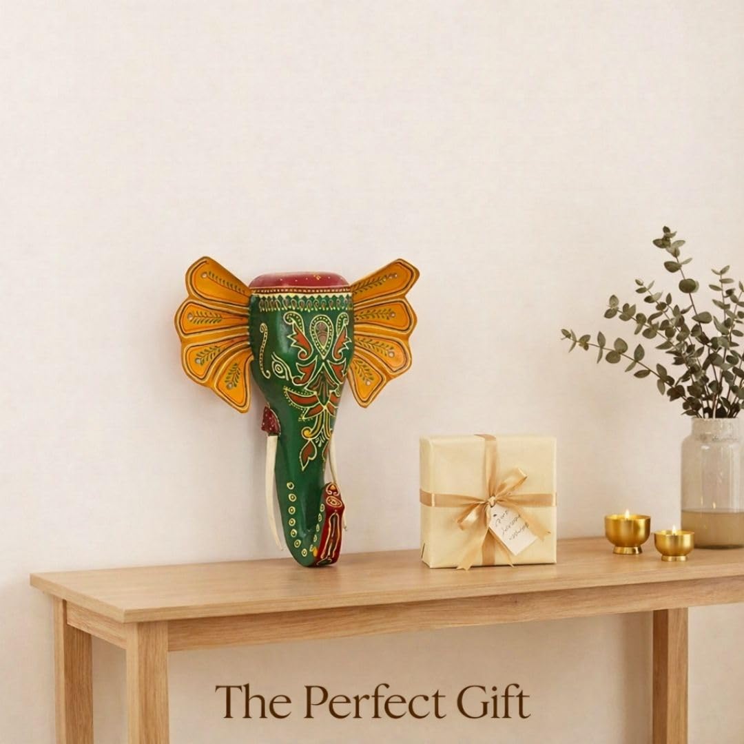 ATRANGI STUDIO Handpainted Wooden Elephant Wall Decor | Ethnic Wooden Wall Art | Symbol of Strength & Wisdom | Wall Hanging for Home, Corridor & Balcony | Ready to Hang | 11 Inch, Green