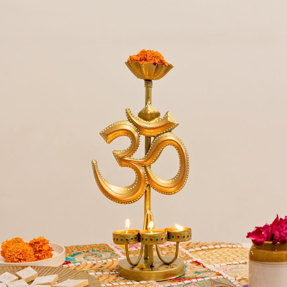ATRANGI STUDIO Om Iron Tealight Holder | Handcrafted Festive Decor | Designer Tealight Candle Holder | Hold 3 tealight Candles | Perfect for Pooja Shelf, Side Table & Gifting | 13 Inch