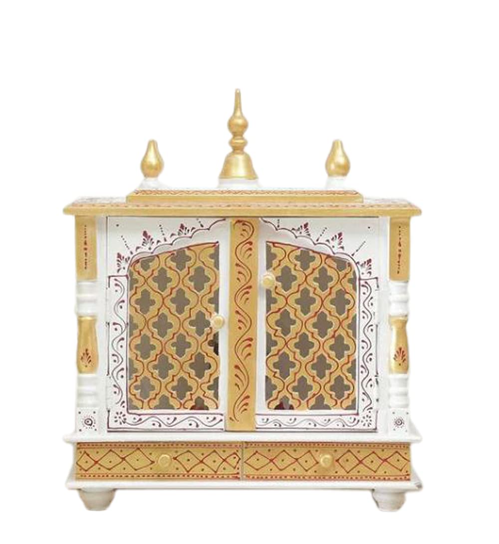 Jodhpur Handicrafts MDF Wood Home Temple Puja Mandir with Storage Wall-Mounted Wooden Mandir Traditional Wooden Pooja Temple (18 inch x 9 inch x 22 inch, White & Golden)