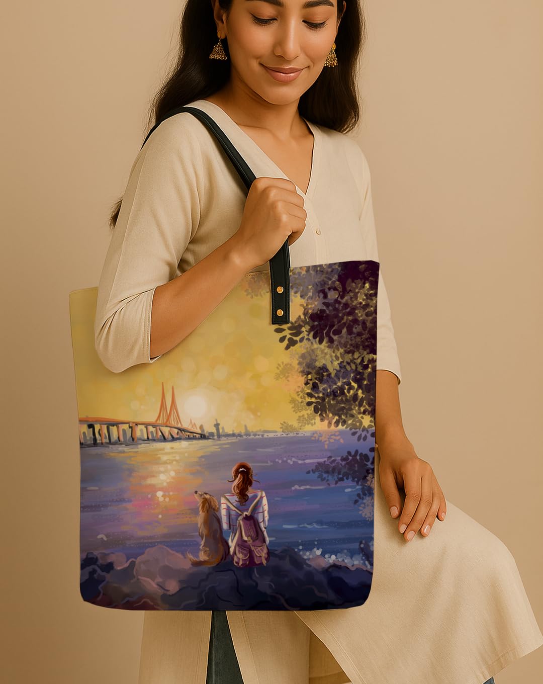 Kalankit Classic Tote Bag For Women | Canvas Printed Totes For Woman | Shoulder College Bag For Girls | Vegan Leather Lightweight Everyday Bag | Gift for Woman | Sunset Vibes