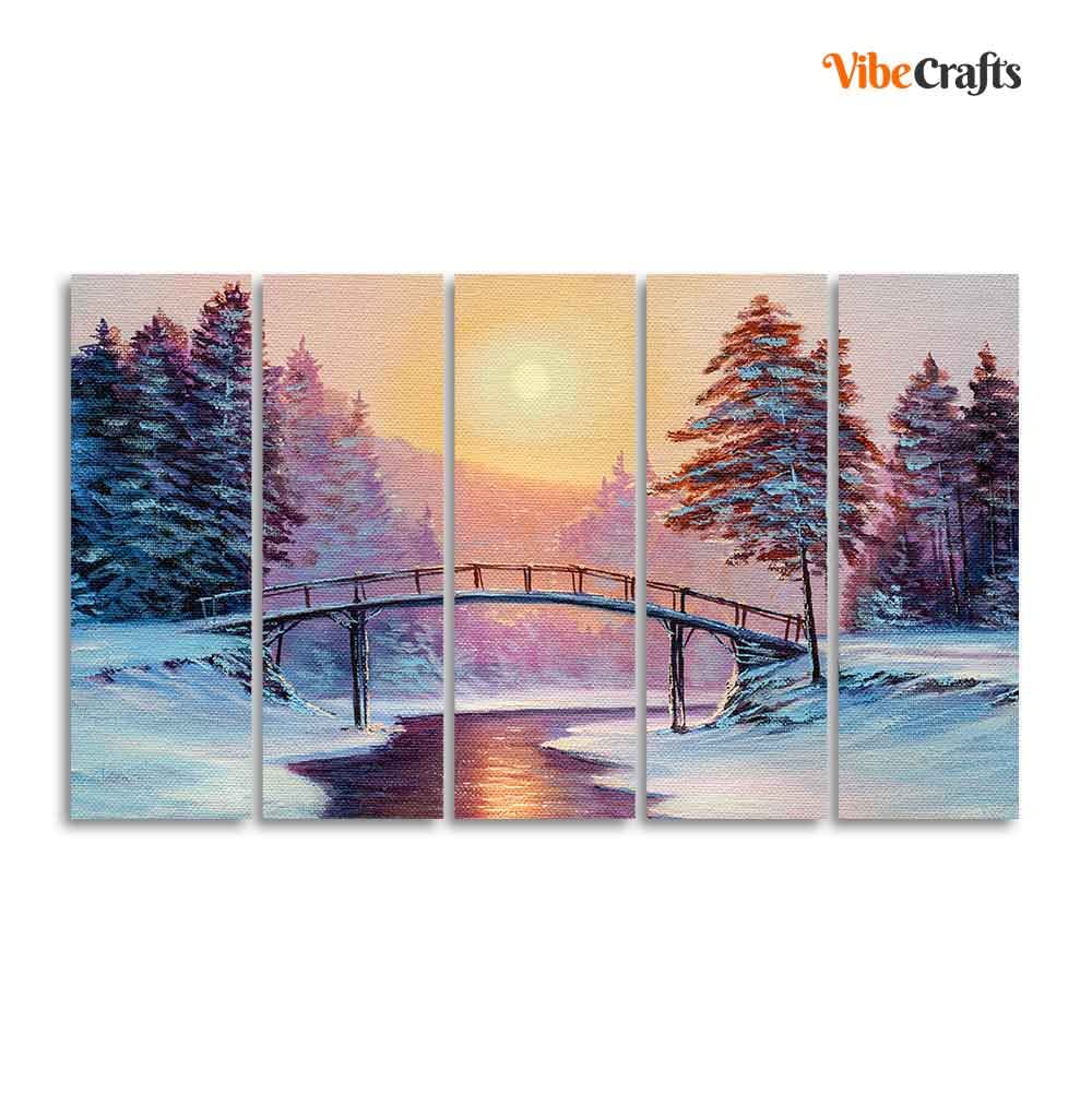 VIBECRAFTS Premium Wall Painting of Winter Landscape with the River Set of Five For Home|Office|Living Room|Gift (PTVC5Pcs4_8646)