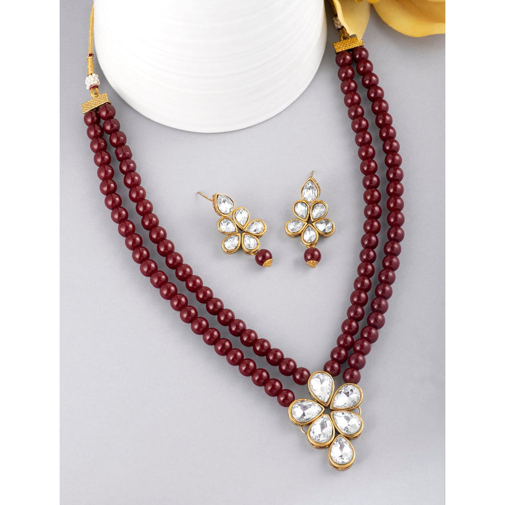 Peora Gold Plated Crystal Pearl Long Necklace Drop Earrings Set Women