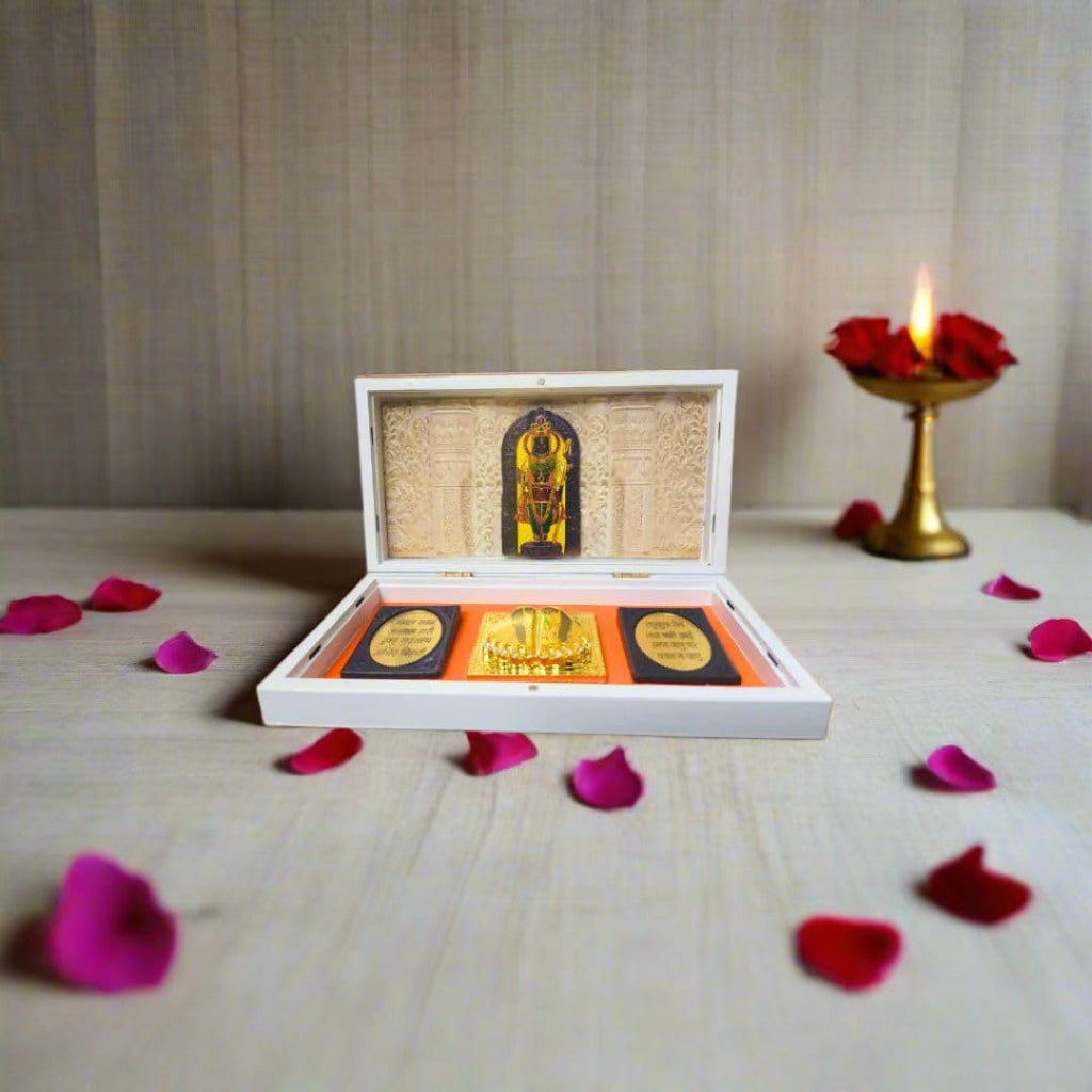 Enchanting Krystals Soulwise Newyear Gift for Home & Office | Ram Lalla Ram Mandir Gold Plated Charan Paduka Pocket Temple – Portable Temple for Daily Pooja, Divine Peace & Blessings.