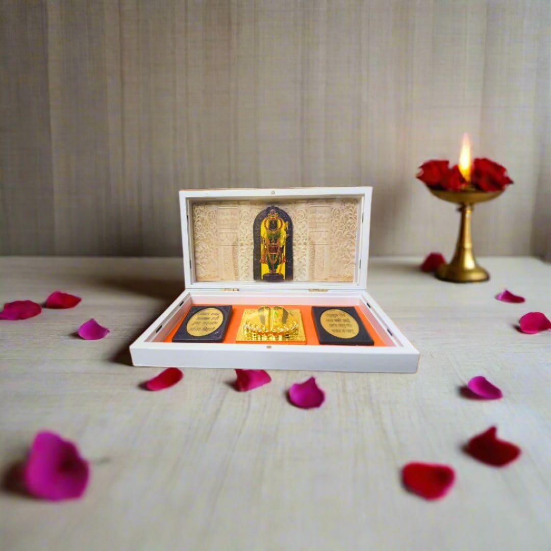 Enchanting Krystals Soulwise Newyear Gift for Home & Office | Ram Lalla Ram Mandir Gold Plated Charan Paduka Pocket Temple – Portable Temple for Daily Pooja, Divine Peace & Blessings.