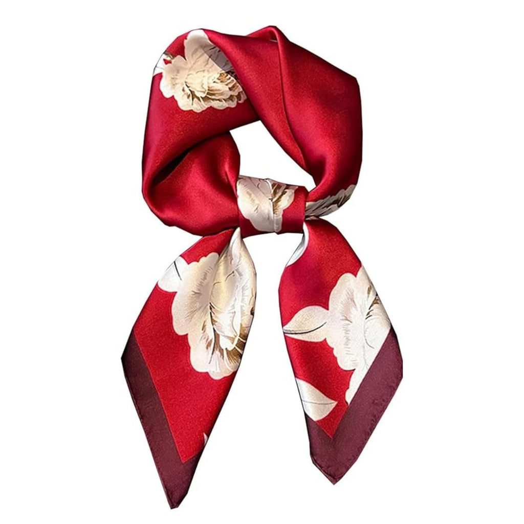 Mgbmyltm 1-Piece Burgundy Camellia Print Satin Square Scarf, 70x70cm Hair Bandana and Neck Wrap, Silky Scarf for Women Stylish Everyday Wear