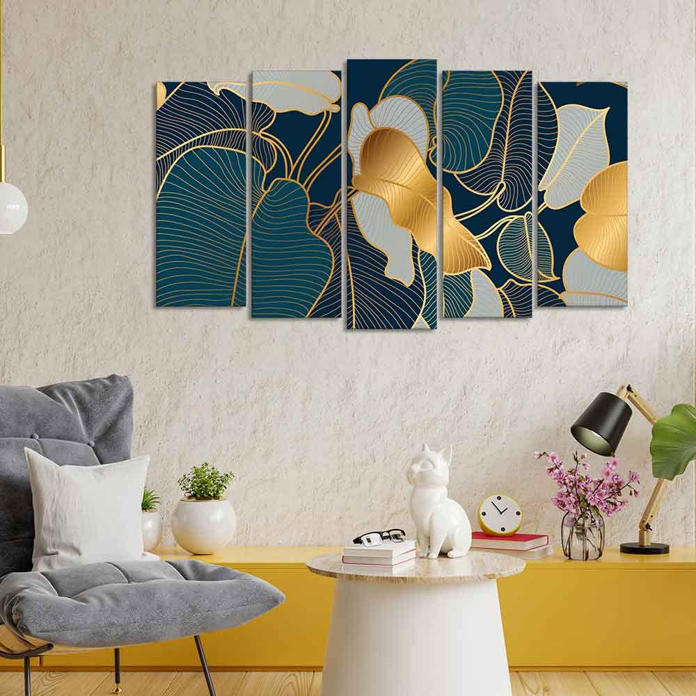 VIBECRAFTS Luxury Golden Art Monstera Leaves Five Pieces Canvas wall Painting For Home|Office|Living Room|Gift (PTVC5Pcs2_6592)
