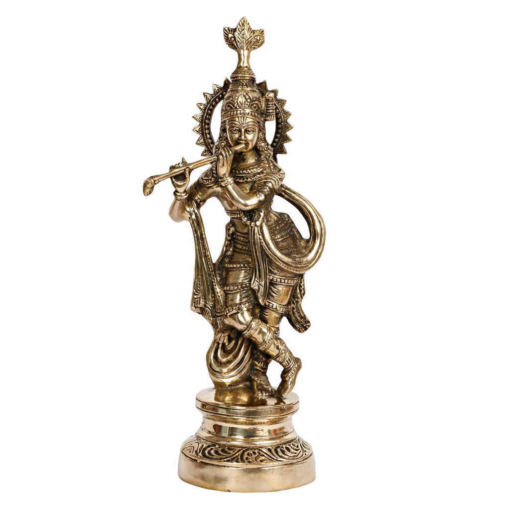 ARTVARKO Brass Flute Playing Krishna Statue God Religious Idol Krishan Figurine Home Decor(Gold Color 16 Inch)