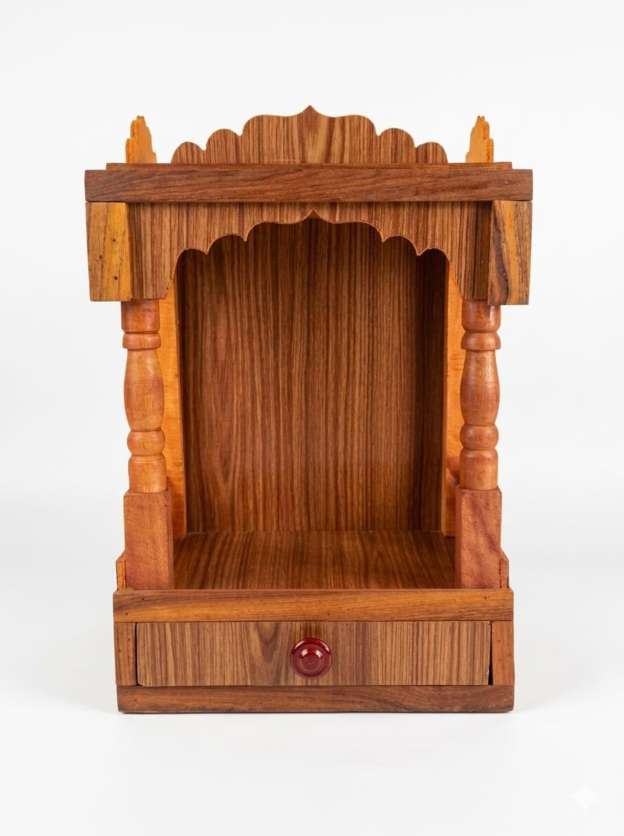 Handcrafted Wooden Mandir for Home & Office – Traditional Teak Finish Pooja Temple with Storage Drawer – Wall Mountable or Tabletop Devotional Shrine – Size: 45H x 32W x 22D cm.