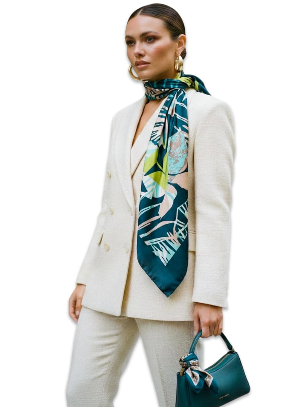 leeza store Women's Silk Scarf For Women – Deep Teal Blue Tropical Abstract Digital Print, 40 X 40 Stylish Stole, Head & Neck Wrap
