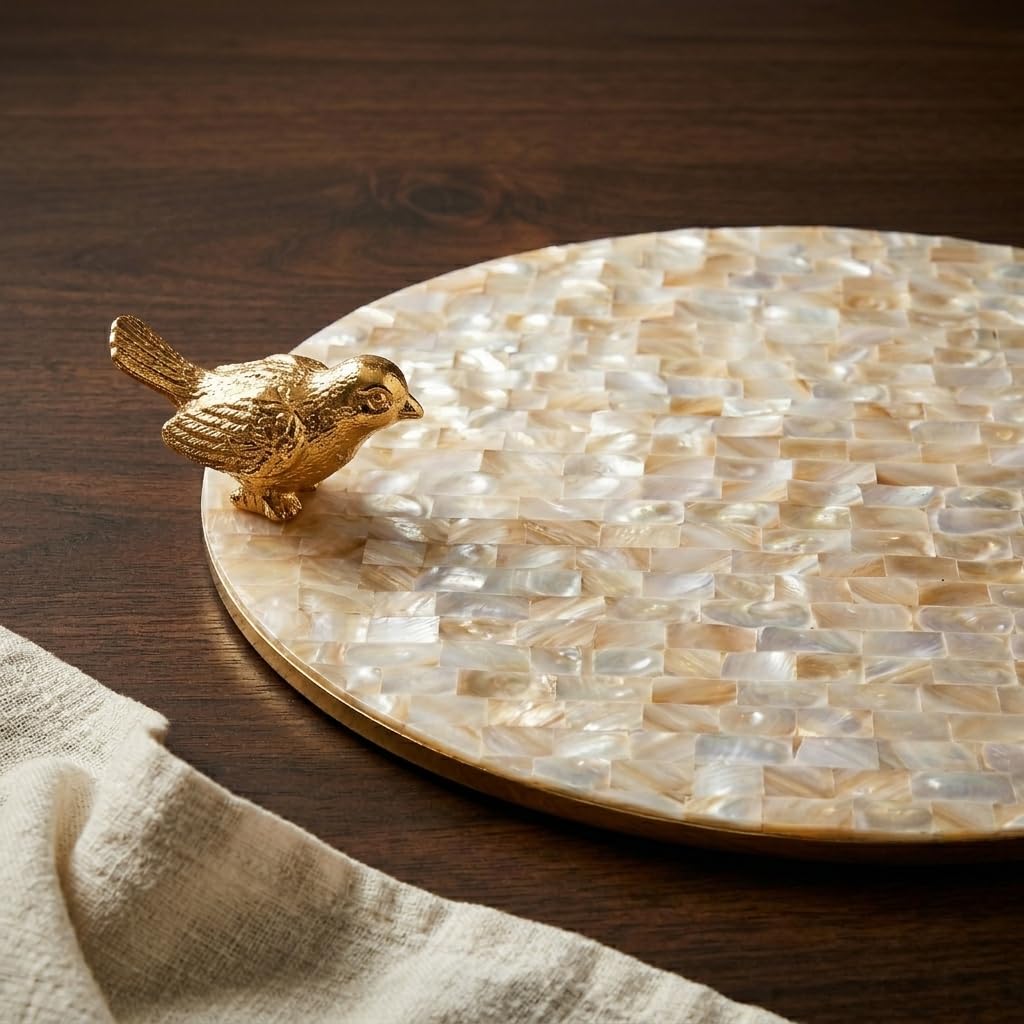 Mother of Pearl Round Tray with Gold Bird Handle | Premium Decorative Serving Tray for Home Décor, Coffee Table & Dining | Luxury Platter for Serving, Display & Gifting