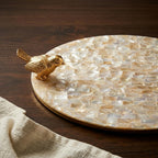 Mother of Pearl Round Tray with Gold Bird Handle | Premium Decorative Serving Tray for Home Décor, Coffee Table & Dining | Luxury Platter for Serving, Display & Gifting