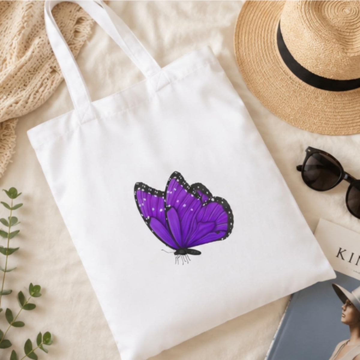 Adorvue Reusable Butterfly Minimalist Premium Tote Bag Stylish Eco-Friendly Cotton Handbags, Canvas Bags for College, Shopping, Office, Travel, Grocery Runs, Beach Day and Casual Outing Pack of 2