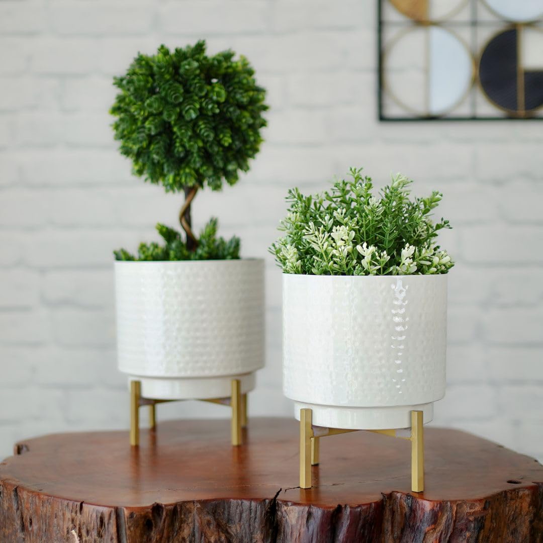 BEHOMA Hammered White Metal Indoor Planters Set - Set of 2