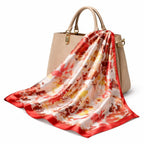 AMN Trendzz Satin Silk Scarf for Women, Stylish Satin Scarf 65×65 cm Square, Scarf for Women Elegant Head and Neck Accessory for Fashion, Travel and Gifting. (Red & Brown Floral – Warm Tones)