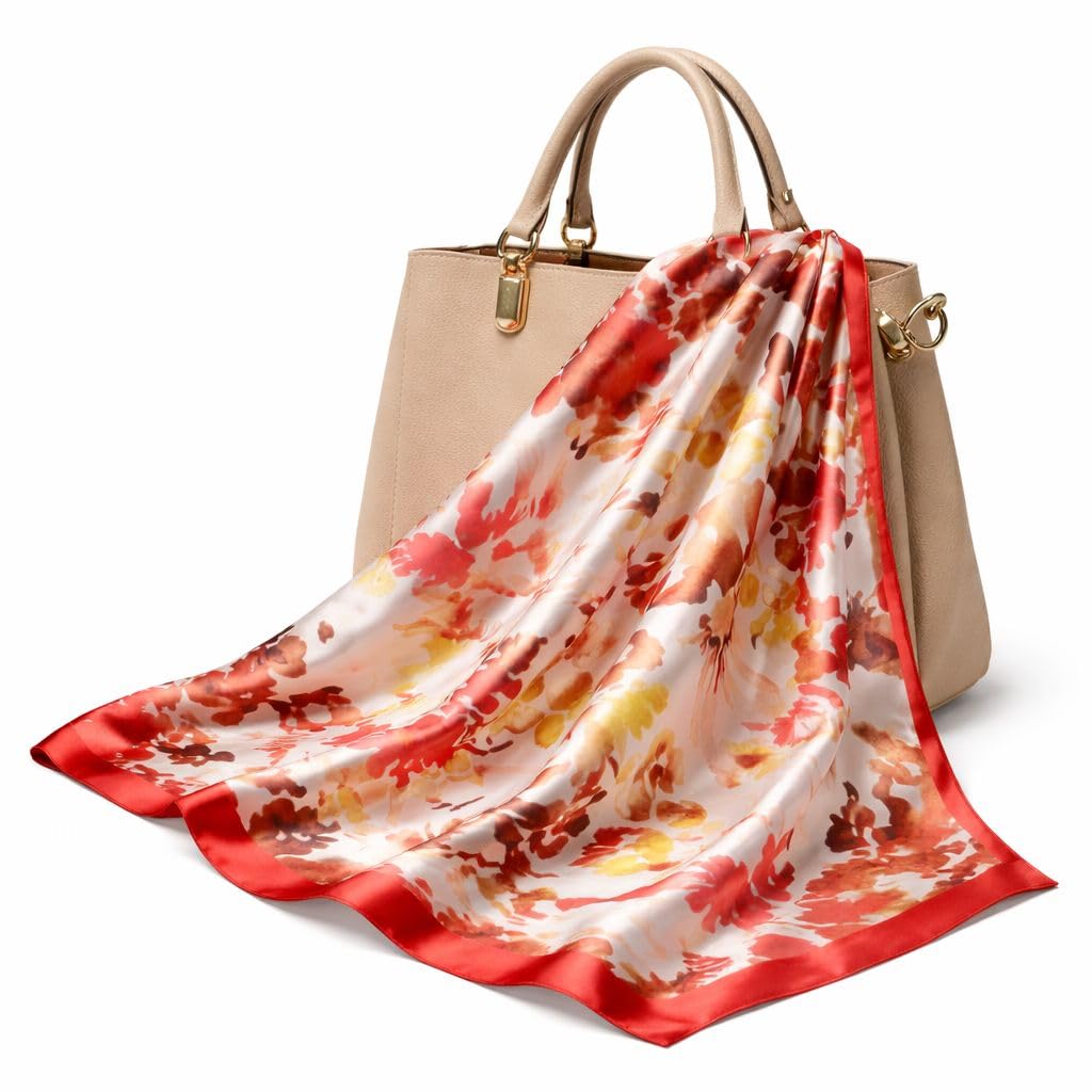 AMN Trendzz Satin Silk Scarf for Women, Stylish Satin Scarf 65×65 cm Square, Scarf for Women Elegant Head and Neck Accessory for Fashion, Travel and Gifting. (Red & Brown Floral – Warm Tones)