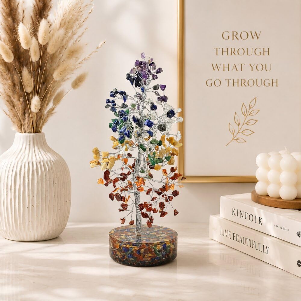 Calminds 7 Chakra Crystal Orgonite Tree Positive Energy & Meditation | Handmade Healing Crystal Tree for Chakra Balancing, Vastu & Feng Shui | 7 Chakra Home & Office Decor