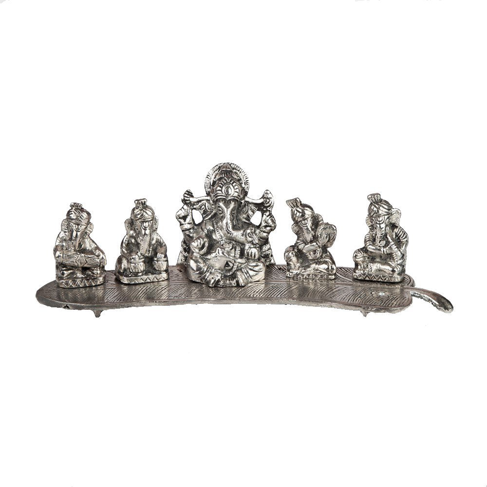 Prince Home Decor & Gifts Metal 5 Ganesh Silver Plated with Musical Instrument On Leaf for Home Decor White