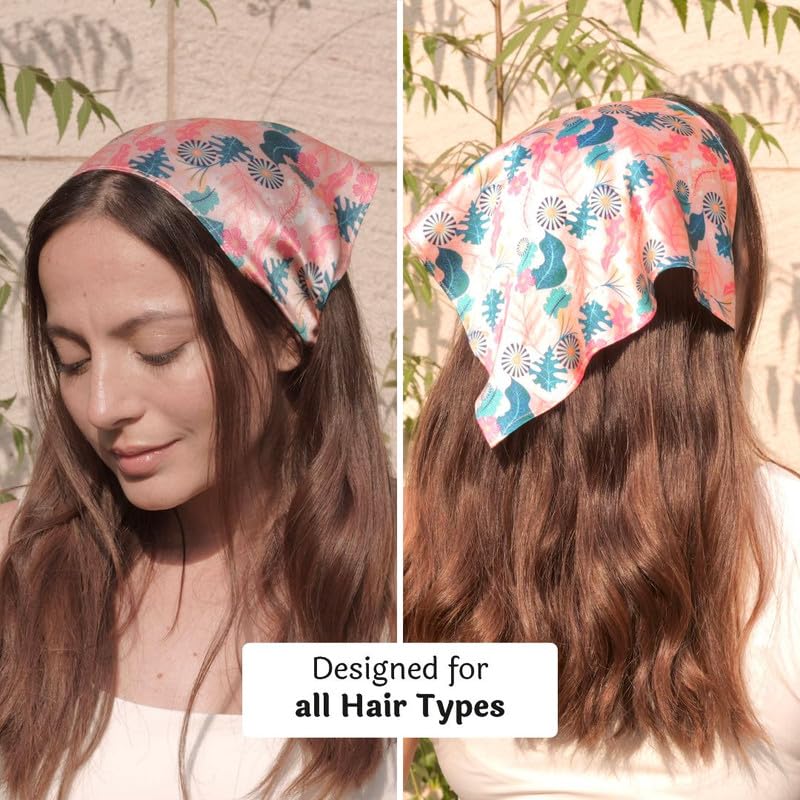 Hair Drama Co. Abstract Floral Print Elastic Bandana Head Scarf for Women | Silk Satin Head Wrap Bandana Scarves | Boho Style Statement Headband Scarves | All Day Wear Scarves | Hair Scarf Accessories