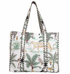 DecorAvenue Quilted Premium Cotton Printed Reversible Tote Bag Grocery Shopping Bag Travel Bags Carry Bag 18x15x5.5 Inch (White Jungle)
