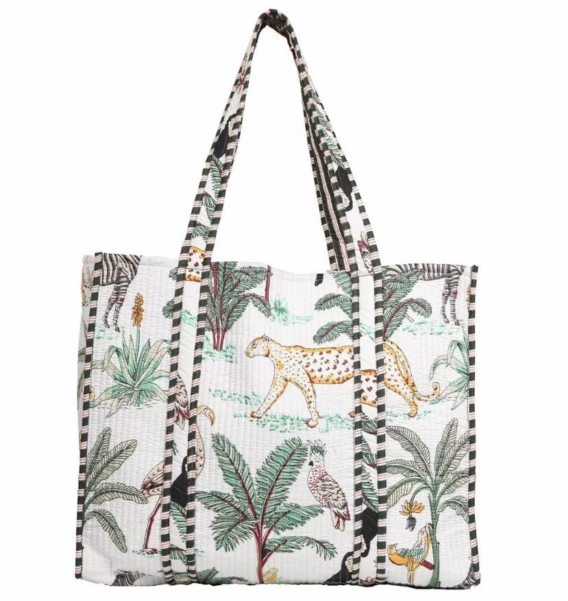 DecorAvenue Quilted Premium Cotton Printed Reversible Tote Bag Grocery Shopping Bag Travel Bags Carry Bag 18x15x5.5 Inch (White Jungle)