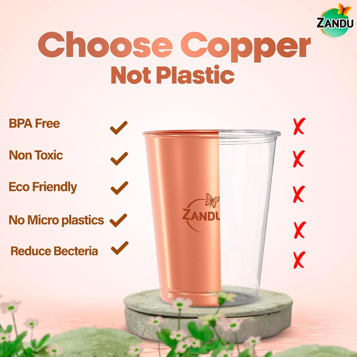 Zandu Copper Tumbler (Pack of 2, 300ml Each): Ayurveda Inspired, 100% Pure Copper, Supports Digestive & Liver Health, Boosts Immunity, Eco-Friendly