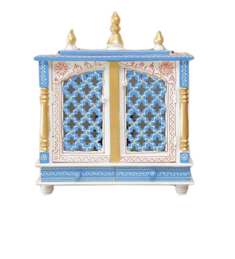 Jodhpur Handicrafts MDF Wood Home Temple Puja Mandir Home Temple Pooja Mandir with Door Pooja Room Stand (18 inch x 9 inch x 22 inch, White & Blue)