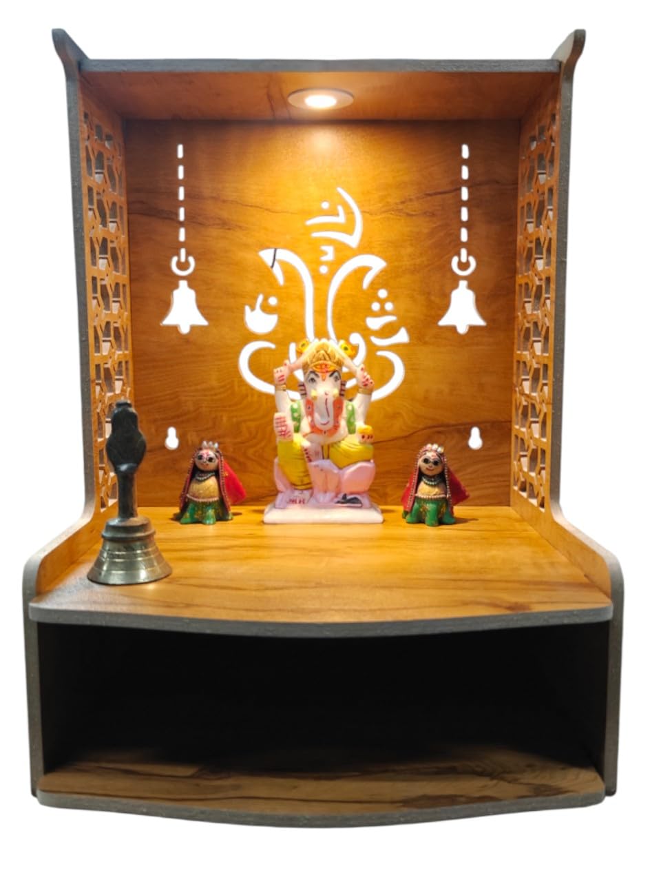 PIXELCRAFTS Wooden Temple Puja Mandir Art and Crafts Temple for Home, Shop, Office with LED SPOT Light (Size – H 15.5X L 11.5 x W 11 inch) (COACHWOODGANPATI)