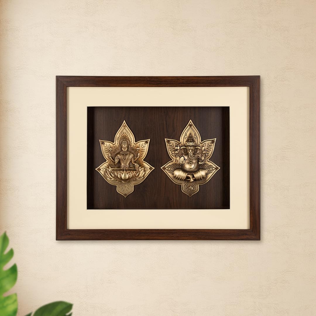 Shilpkala Laxmi Ganesh Wall Art Frame 49 x 39 cm - Premium Brass Wall Hanging Decor for Home, Temple & Office Laxmi Ganesh Photo Frame for Pooja Room, Living Room, Bedroom Decoration & Gift (Brown)