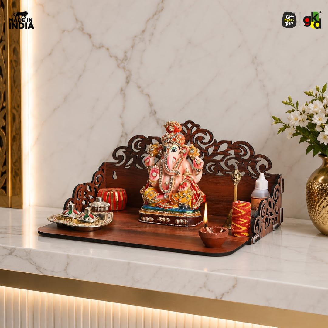 Gift Kya De Wooden Pooja Mandir for Home Wall | Small Temple for Office & Room | Indian Wooden Temple for Table or Shelf | Compact DIY Mandir | 12x9x6 Inch | Classic Design