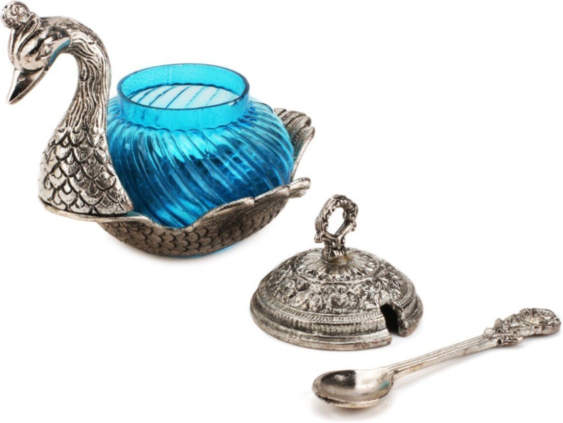 Prince Home Decor & Gifts Metal Home Decor Duck Shape Sky Blue Colored Glass Bowl Tray Set (Silver Blue SP)