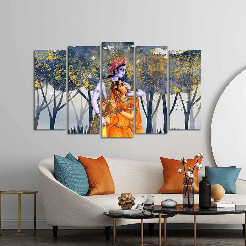 VIBECRAFTS Radhe Krishna Canvas Wall Painting of Five Pieces For Home|Office|Living Room|Gift (PTVC5Pcs2_6633)