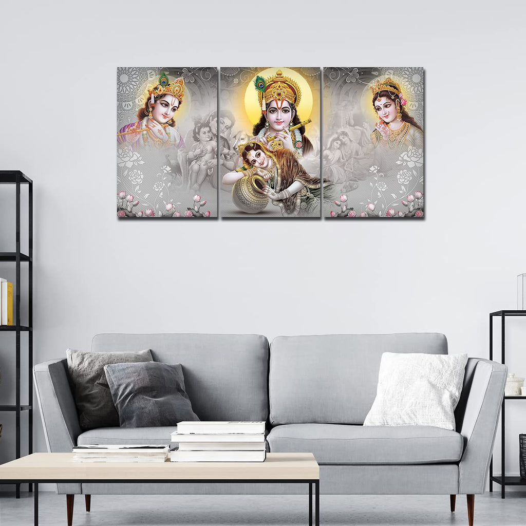 VIBECRAFTS 3 Pieces Beautiful Radha Krishna Canvas Wall Painting Fitted With Wooden Frame For Home | Office | Living Room | Gifts (PTVC3Pcs3_11501)