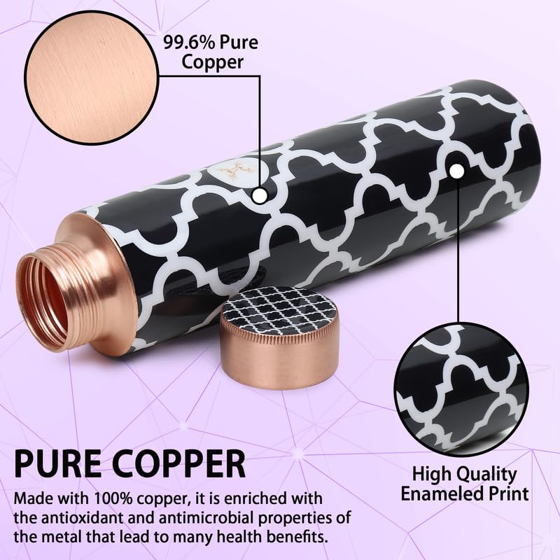 MERCAPE Pure Copper Water Bottle 900 ml with Printed Design | Jointless Construction | Leak-Resistant Screw Cap | Reusable Copper Bottle for Home, Office, Gym & Travel