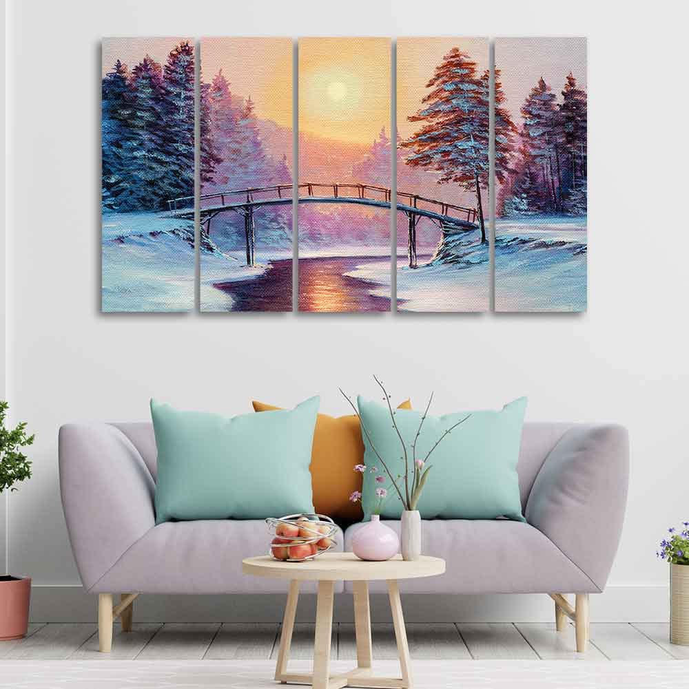 VIBECRAFTS Premium Wall Painting of Winter Landscape with the River Set of Five For Home|Office|Living Room|Gift (PTVC5Pcs4_8646)