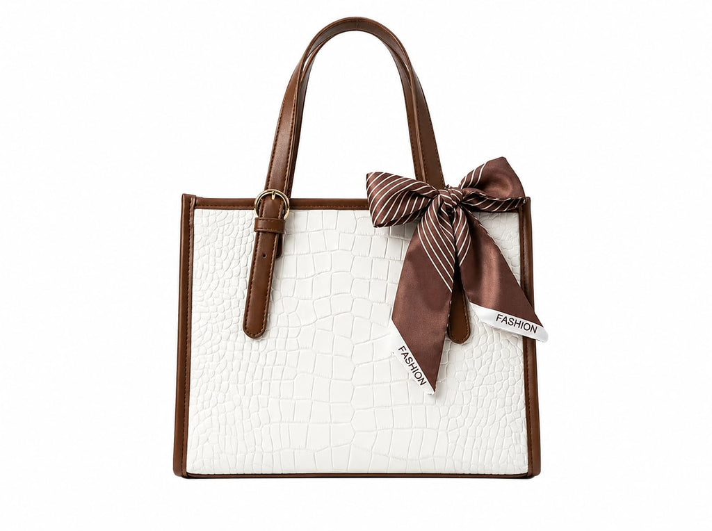 Pavilonn Women Handbag PU Leather Tote Purse Stylish Shoulder Office Bag Black Structured Croco Pattern Ladies Fashion Shopping Handbag Daily Use College Gift (BROWN AND WHITE)