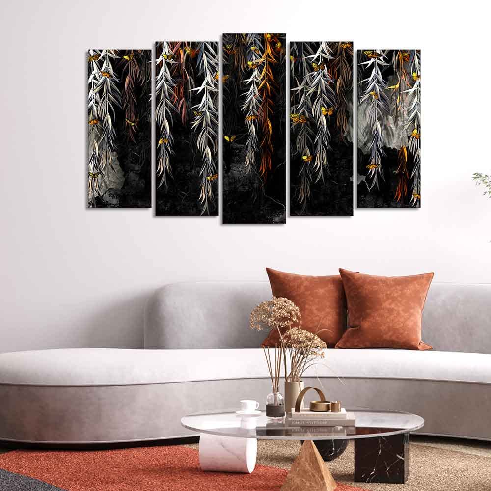 VIBECRAFTS Willow Branches with Gold Butterflies Wall Painting Set of Five Pieces For Home|Office|Living Room|Gift (PTVC5Pcs2_6602)