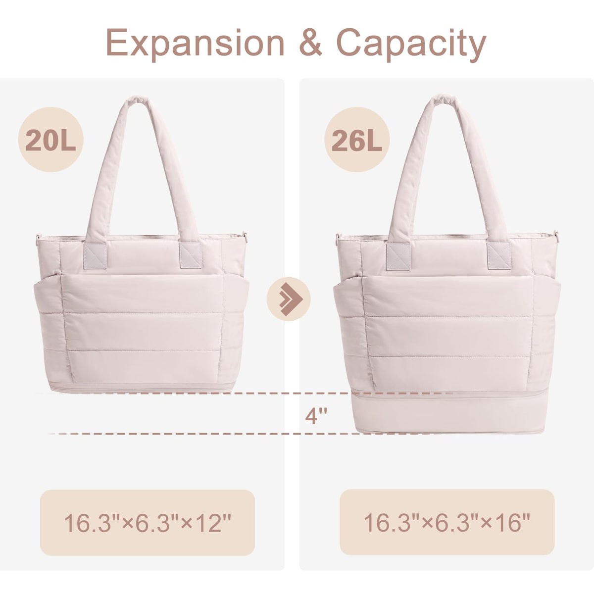 Puffer Tote Bag for Women Quilted Nurse Bag Lightweight Work Bag for Teacher Travel Handbag with Multiple Pockets, Z-large Beige, Large