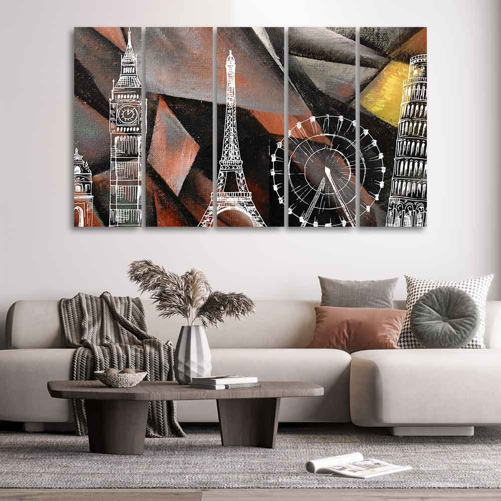 VIBECRAFTS Abstract Art Famous Architectures Five Pieces Canvas Wall Painting For Home|Office|Living Room|Gift (PTVC5Pcs4_8643)