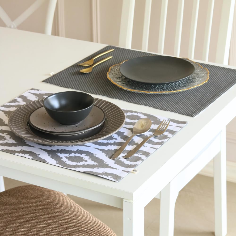 THE YARD HOUSE Placemats - Reversible & Wipeable Cotton Placemats (Ikat Grey & Dark Slate, Set of 6)