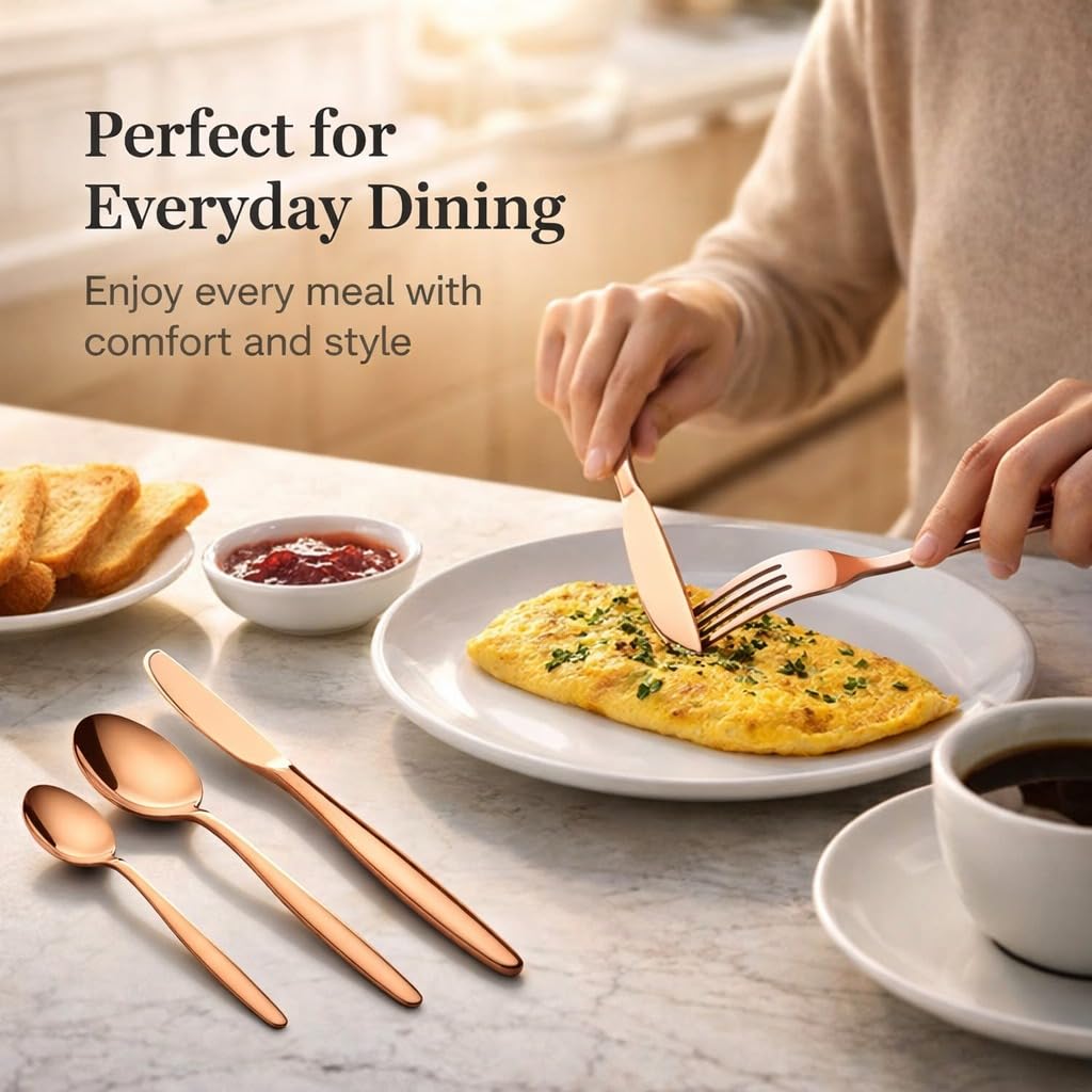ANH MART Mirror Finish Rose Gold Plated Stainless Steel Flatware Set Copper Silverware Set Spoon Color Cutlery Set [Dinner Fork-Tea Spoon-Salad Spoon-Knife] Set of (Rose Gold 20)