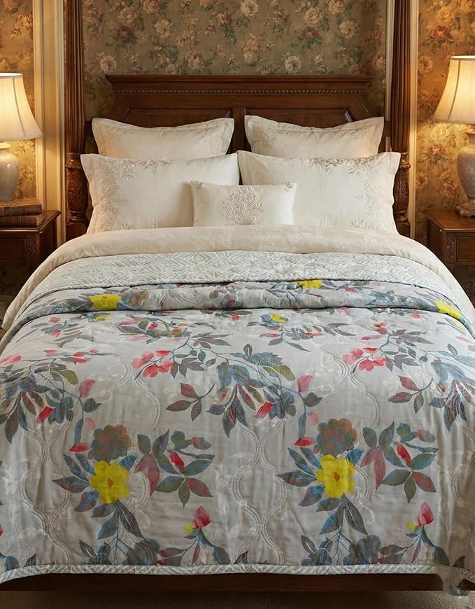 Cotton Reversible Summer Blanket, AC Comforter with Classic Printed Design, Cooling Quilt Dohar for Single Or Double Bed, Ideal for Gifting (Gray Flower Design, Single Bed) Kafalo
