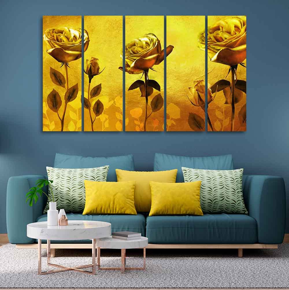 VIBECRAFTS Golden Roses Five Pieces Canvas Wall Painting For Home|Office|Living Room|Gift (PTVC5Pcs4_8663N)