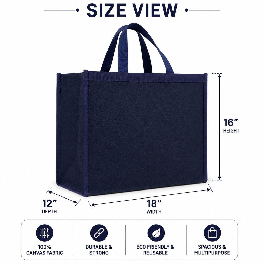 Large Canvas Grocery Shopping Bag, Heavy Duty Reusable Tote, 16x18x8 Inch, 15+ Kg Capacity, Water Resistant, Multipurpose Storage for Vegetables and Fruits Blue