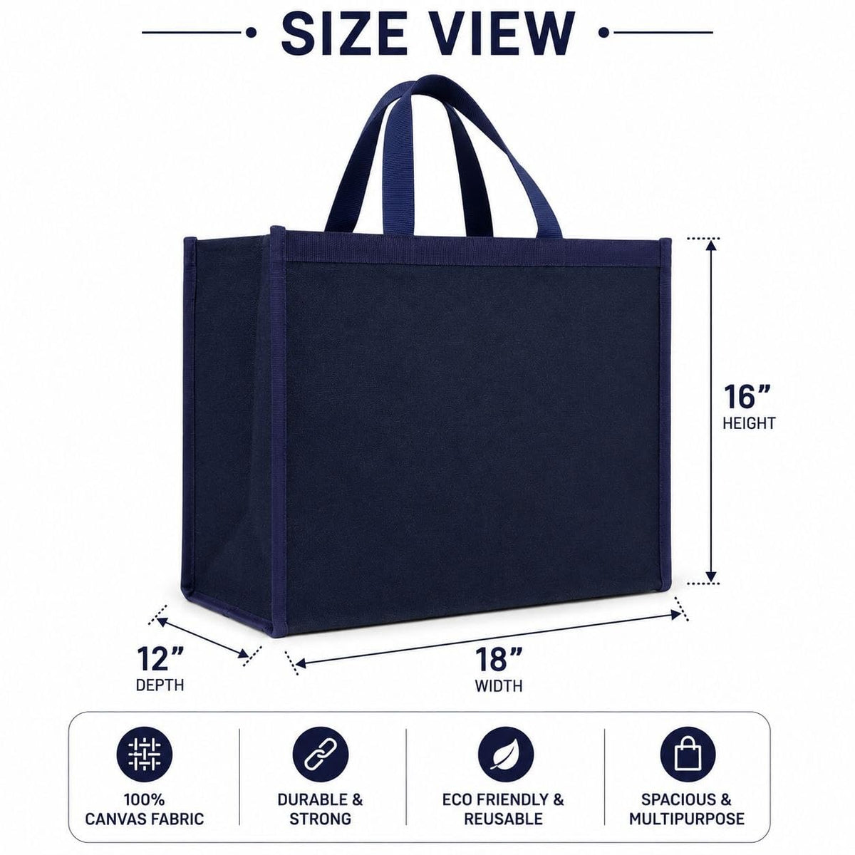 Large Canvas Grocery Shopping Bag, Heavy Duty Reusable Tote, 16x18x8 Inch, 15+ Kg Capacity, Water Resistant, Multipurpose Storage for Vegetables and Fruits Blue