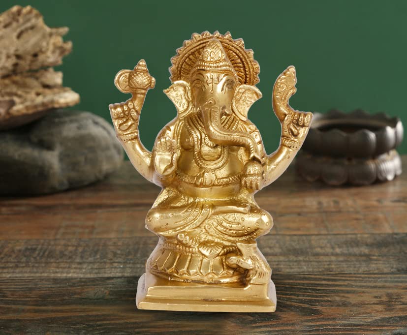 ARTVARKO Brass Ganesha Idol for Home Décor Ganesh Lord Ganpati Statue Room Decoration Showpiece Diwali Pooja 5 Inch