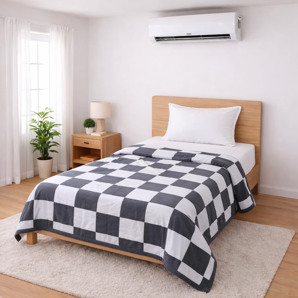 Bhoomi Impex Double Bed Dohar Classic Grey Checkered | Lightweight Summer Quilt | Soft Microfiber AC Blanket | Breathable All Season Comforter | Skin Friendly Bed Cover Kafalo
