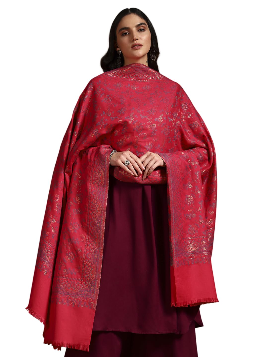 Pashmoda Women Aabroo Kashmiri Jamawar Woven Shawl, Kaani Jacquard Shawls, Stoles, Wraps, Luxury Pashmina Evening Wrap (Size: 40X80 Inches, Pink Color) SECS58