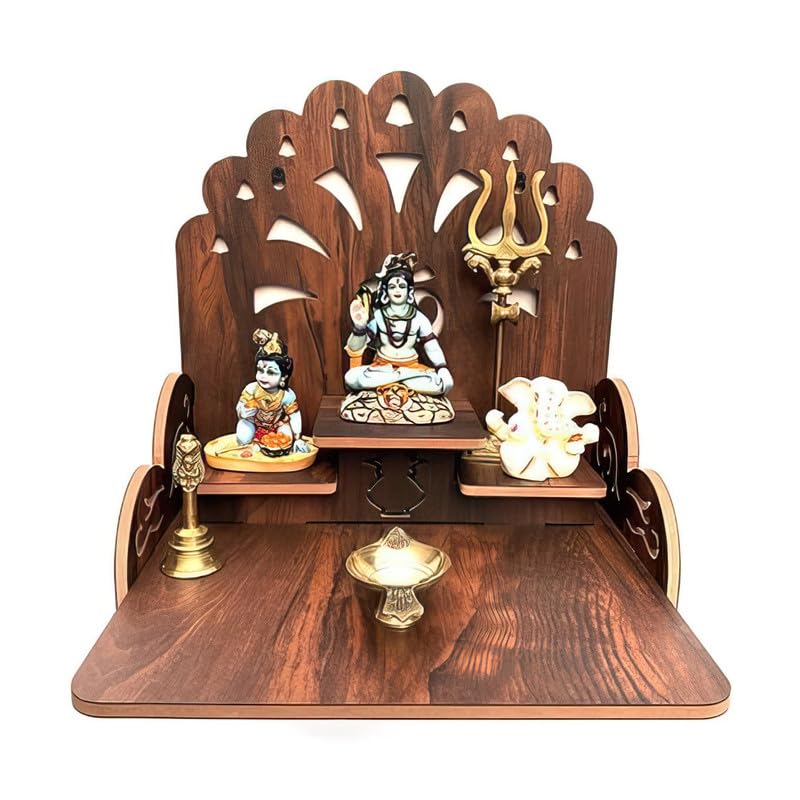 Gojeeva Wooden Pooja Mandir 3 Step 28x28x3 cm Wall/Table Decorative Beige Oakwood for Home/Office/Pooja