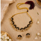 Traditional Black & Gold Lotus Design Necklace Set for Women | Adjustable Dori | Handmade Ethnic Jewelry with Matching Earrings | Wedding, Festival